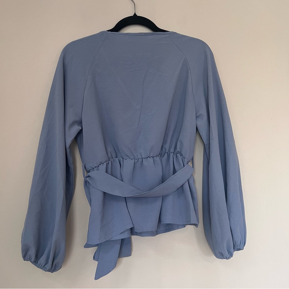 V-Neck Tie-Waist Women's Top in Dusty Blue - Picture 4 of 7